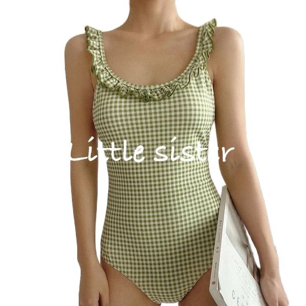 

women's swimwear niche pure desire plaid slim fit sweet backless wooden ear one-piece swimsuit spring, White;black