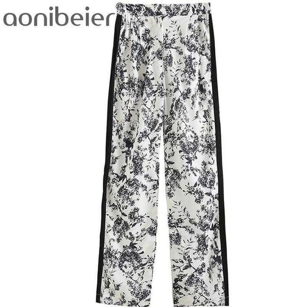 

vintage print summer fashion pleated patchwork side stripe women high waist straight pant female thin long trousers 210604, Black;white