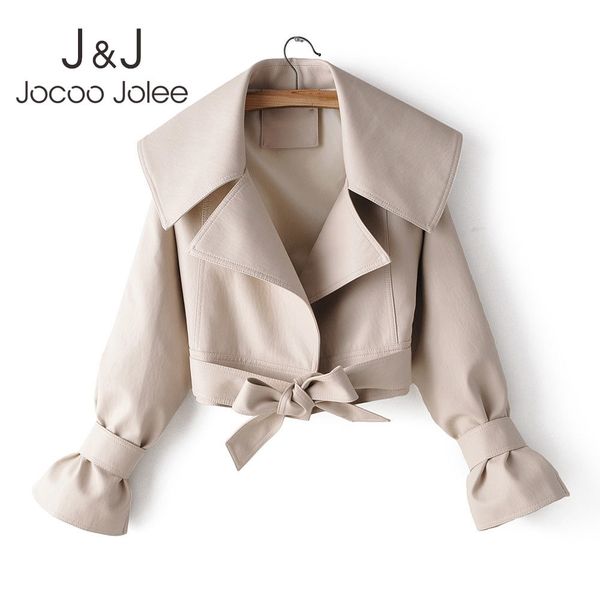 

jocoo jolee motorcycle pu leather jacket elegant turn down collar cute lace up bow short coat for women all-match biker outwear 210518, Black