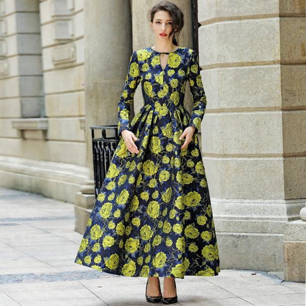 

casual dresses good quality women fashion dress autumn winter long maxi floral print, Black;gray