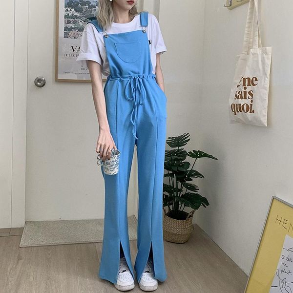

spring/summer korean version casual drawstring waist matching overalls pure color slit pants ladies bell bottoms women's & capris, Black;white