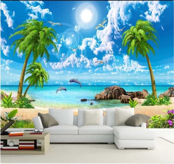 

customized 8d wallpaper hd beautiful dream sea view coconut tree beach landscape painting tv background wall covering wallpapers