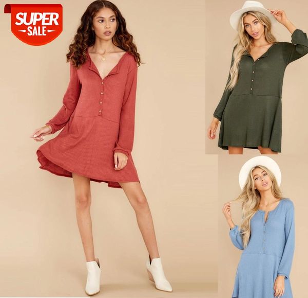 

women casual buttons dress sweet stylish long sleeve o-neck solid color irregular hem autumn stretch loose for ladies #u66y, White;black