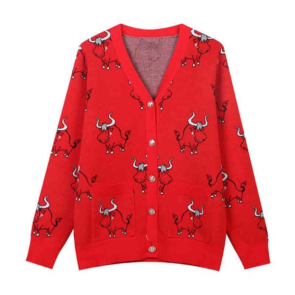 

women bull sweater knitted long sleeve red pink cardigans v-neck m0474 210514, White