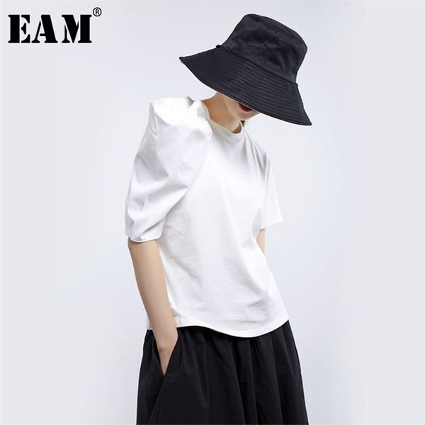 

[eam] new spring summer round neck half sleeve white loose pleated three-dimensional loose t-shirt women fashion tide ju178 210406