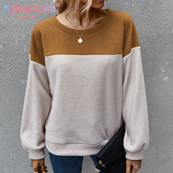 

aelegantmis women oversize fleece sweatshirts female loose casual pullover coat o-neck long sleeve patchwork outwear 210607, Black
