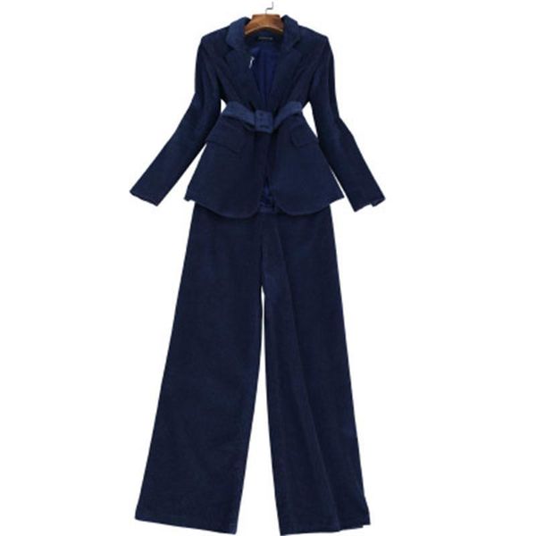 

spring fashion female pants suit casual business corduroy waist wide leg two-piece set women's two piece, White