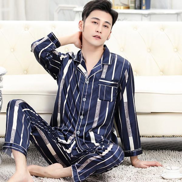 

navy blue men sleepwear satin long sleeve pajama set oversize 3xl male nightwear ics silk casual home wear 2pcs pijama pyjamas men's, Black;brown