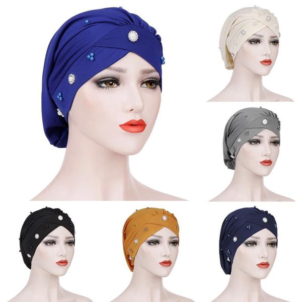 

beanie/skull caps women muslim beads cancer cap hat bonnet turban headscarf wrap hair loss elastic skullies beanies arab cover fashion, Blue;gray
