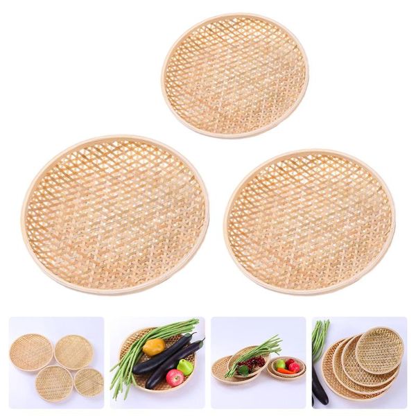 

kitchen storage & organization 3pcs bamboo woven basket dessert tray cake plate for home (bamboo)
