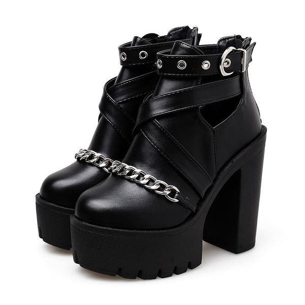 

plus size 42 fashion chain women shoes zipper square high heel ankle boots for punk platform spring autumn, Black