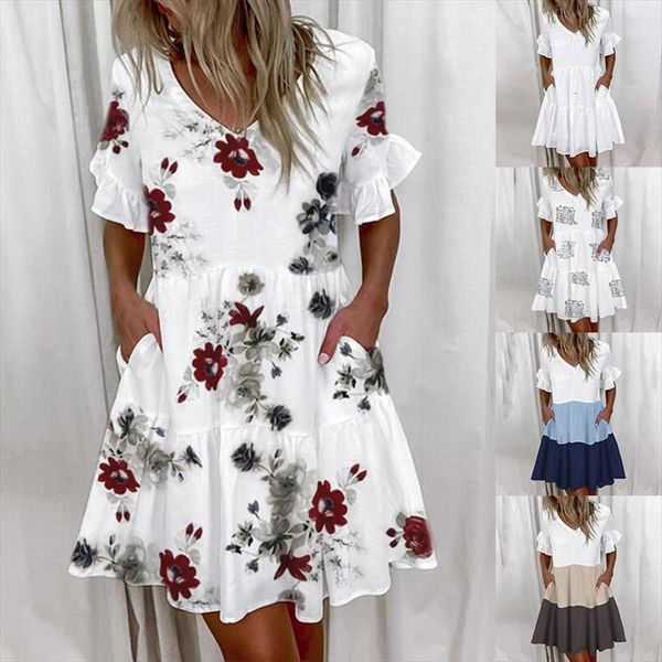 

summer patchwork casual v neck women dresses short sleeve pocket vintage beach party ruffles mini, Black;gray