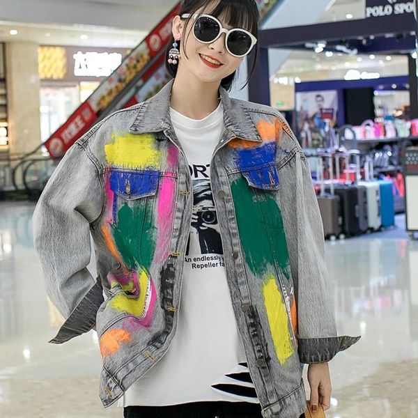 

jacket denim fashion loose real s spring/ autumn hand painted women's jackets, Black;brown