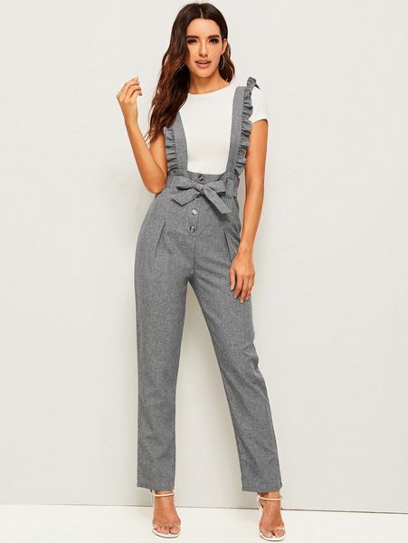 

belted button fly pants with ruffle straps e3xd#, White