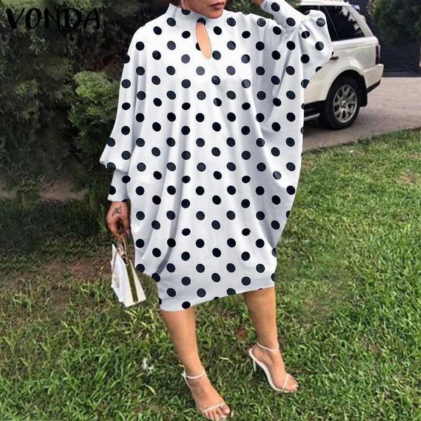 

casual dresses vonda 2021 autumn long sleeve dress bohemian holiday party women hollow polka dot printed vintage midi vestido robe, Black;gray