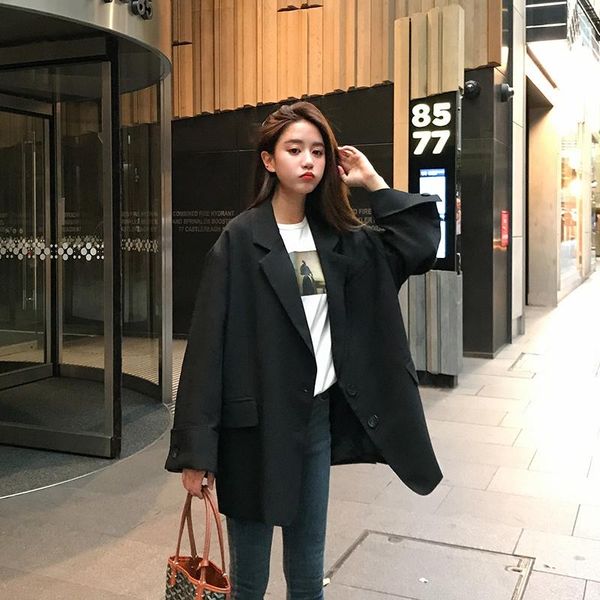 

korean loose ladies blazer black casual stylish suit jacket simple veste high street vintage women's clothing mm60nxz suits & blazers, White;black