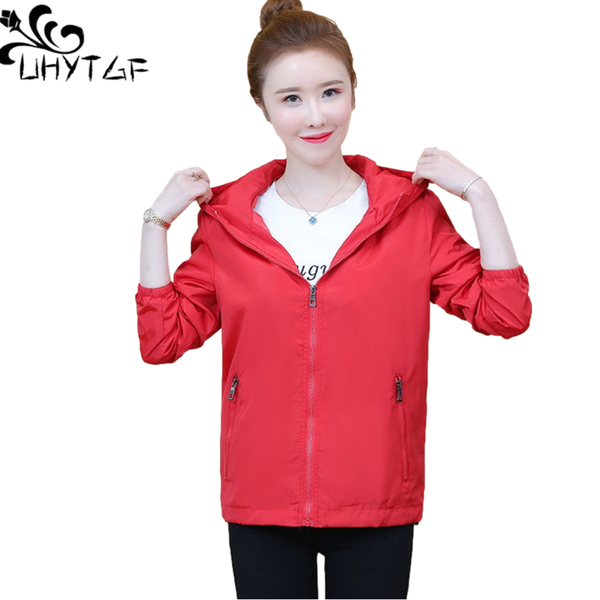 

women's jackets uhytgf women spring autumn jacket solid wild hooded casual female short coat zipper loose thin 5xl plus size outerwear, Black;brown