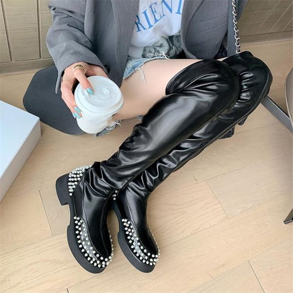 

boots pxelena genuine leather stretch thigh high women rivet med heels slip on slim fit over the knee fall ol, Black