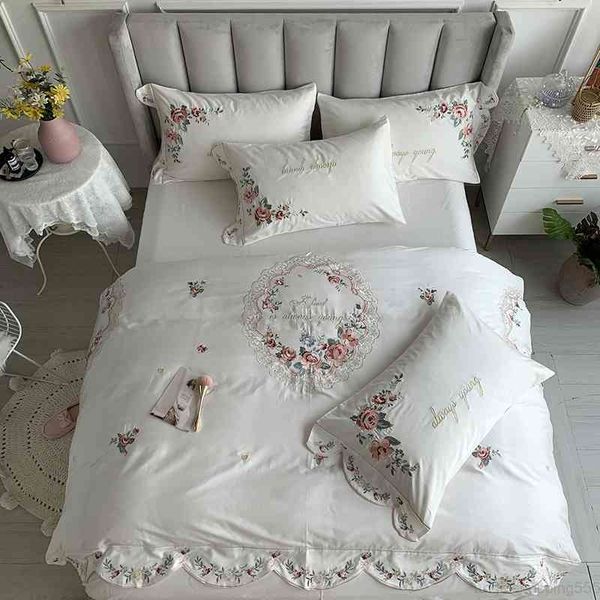 

luxury chic flowers embroidery white bedding set 600tc egyptian cotton duvet cover 1 bed sheet 2 pillowcase  king 4pcs