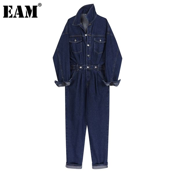 

[eam] loose fit women blue big size denim jumpsuit high waist pocket stitch pants fashion spring autumn 1dd7262 210512, Black;white