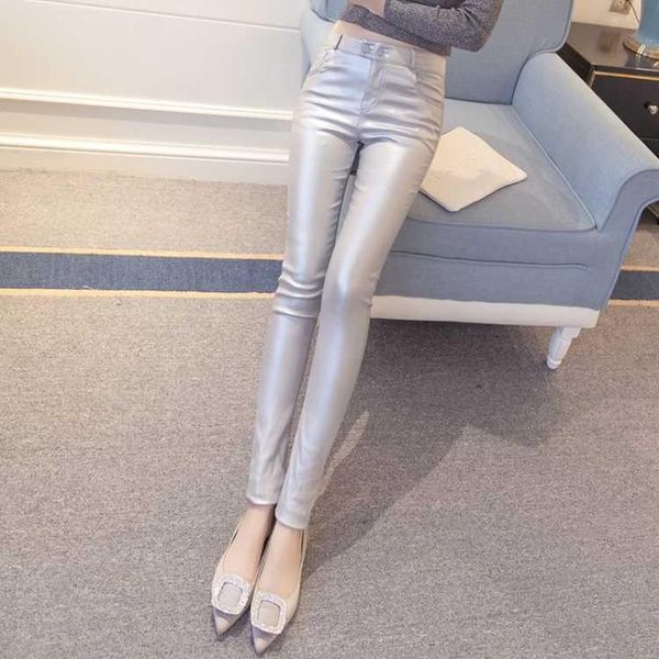 

women's pants & capris 2021 thin matte-coated leather women high waist slim leggings wear plus trousers, Black;white