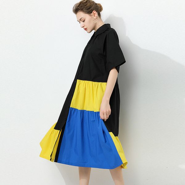 

big yards dresses 2021 summer large women's loose thin contrast stitching medium length shirt 7685