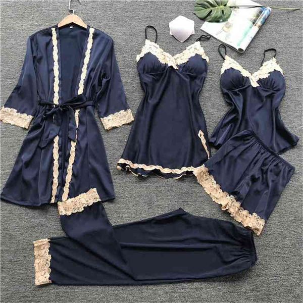 

daeyard silk pajamas sets women lace robe pajama pants sleepwear spring summer 5pcs pyjamas nightwear elegant home clothes 210330, Black;red