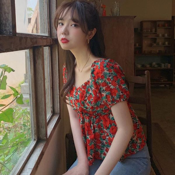 

women's blouses & shirts floral print fashion sweet ruffles puff sleeve shirt beach style square collar short, White