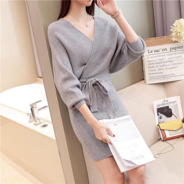 

casual dresses knitted cashmere sweater dress women autumn winter v neck slim bodycon long sleeve ladies knitting party vestidos, Black;gray