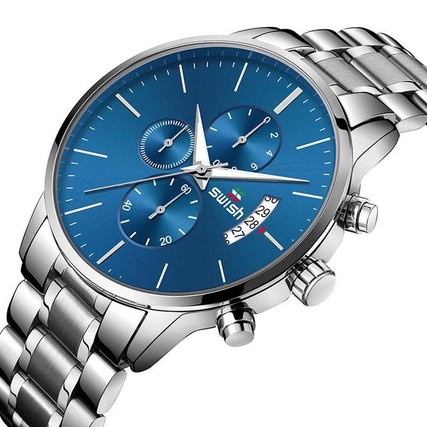 

wristwatches swish brand designer watches for men silver steel clock male stainless quartz wristwatch chronograph date business watch, Slivery;brown