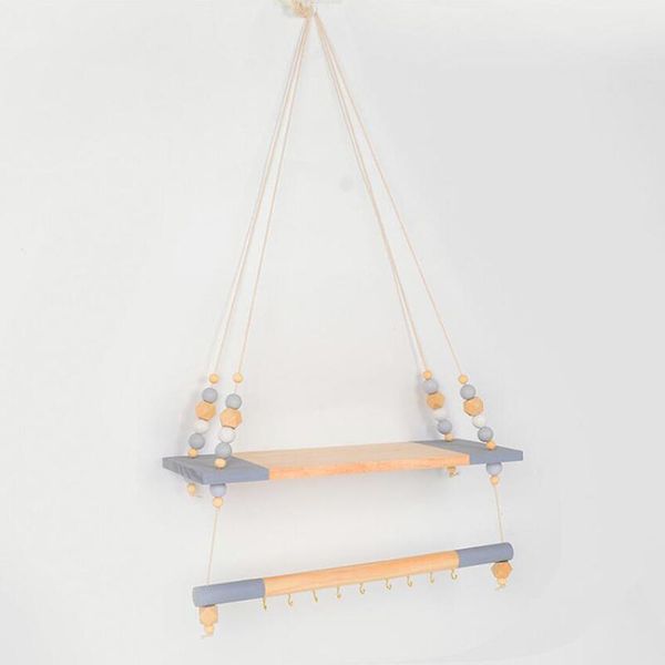 

nordic children room decorative storage rack double wooden bead shelves wall rope hanging shelf home hook kids other decor