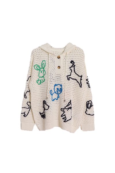 

european and american new hollow hooded beige embroidered animal pattern commuter idle style loose knitted for women, White;black