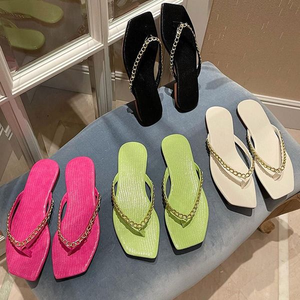 

slippers 2021 brand casual women flip flops fashion chain low heels beach slides ladies green white rose red flat outsides shoes, Black