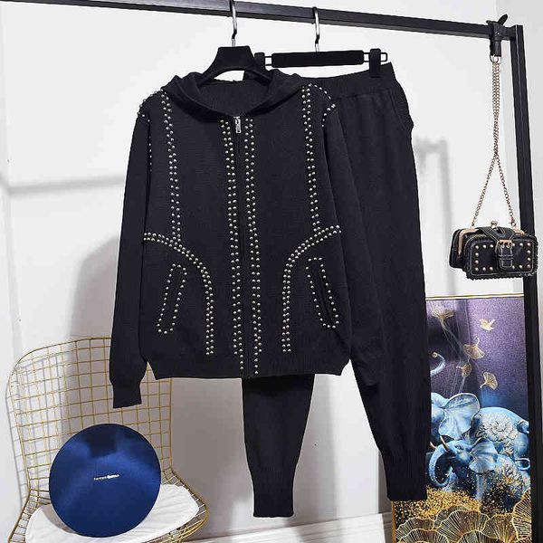 

women's tracksuits women hooded autumn fashion beading long sleeve knitted cardigan coat + casual pants 2 piece outfits ladies top, Gray