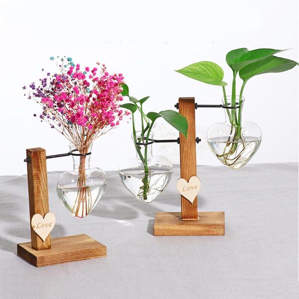 

vases hydroponic glass planter heart vase with wooden stand tray tabledesk decor water planting propagation home