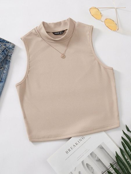 

mock neck rib-knit tank without necklace v6vg#, White