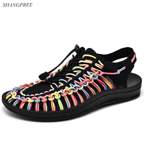 

sandals summer women beach handmade weaving design breathable women's elastic soft bottom non-slip outdoor roman, Black