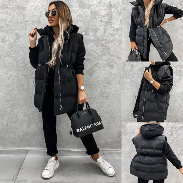 

women's vests 2021 autumn and winter cotton clothes solid color sleeveless loose pocket zipper waistcoat, Black;white