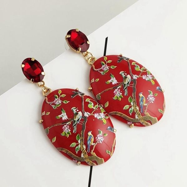 

dangle & chandelier exaggerated resin printed earrings women candy rhinestone luxury tree branch bird oval, Silver