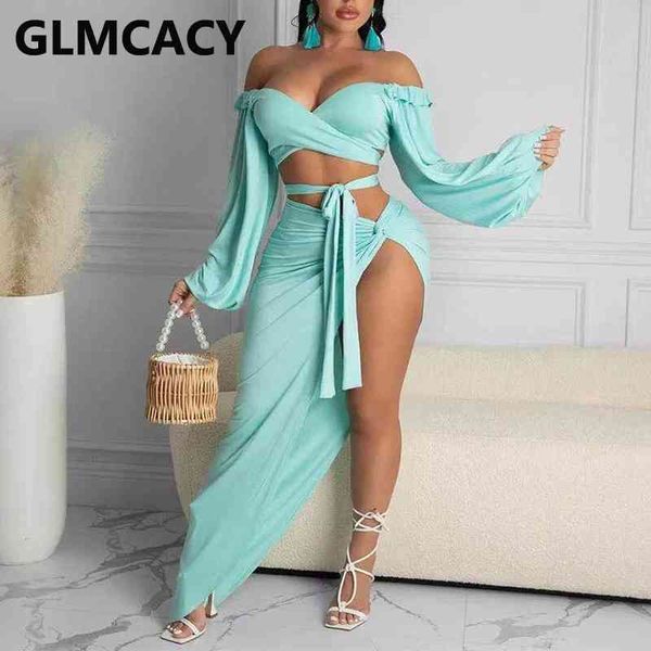 

two pieces sets & club women off shoulder & slit bodycon skirts 210702, White