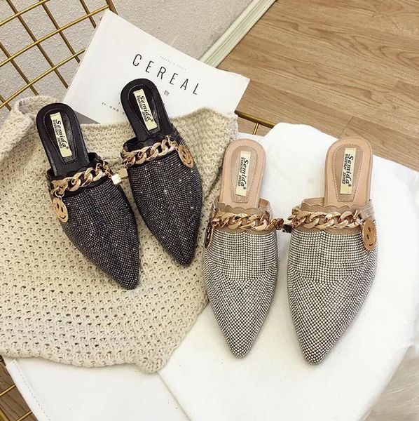 

slippers female summer fashion rhinestone lazy flats sandals casual metal chain slides women mules shoes, Black
