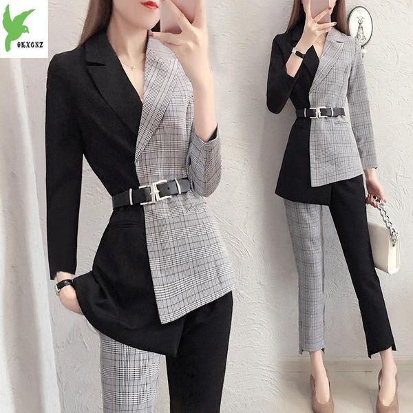

women's suits & blazers autumn irregular suit sets plaid stitching shirt nine pants two-piece outwear work okxgnz, White;black
