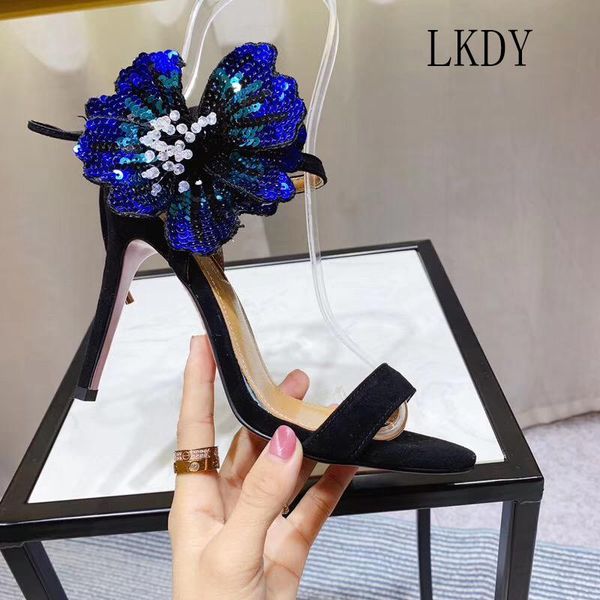 

summer high-heeled sandals with single shoes flower embroidery diamond party .0cm dress, Black