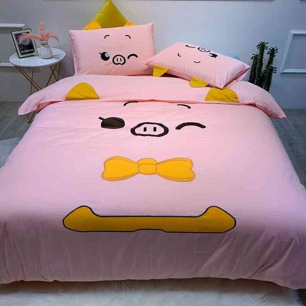 

pink cute pig duvet quilt twin  size 4pcs soft 100%cotton girls bedding set bed sheet white rabbit comforter cover
