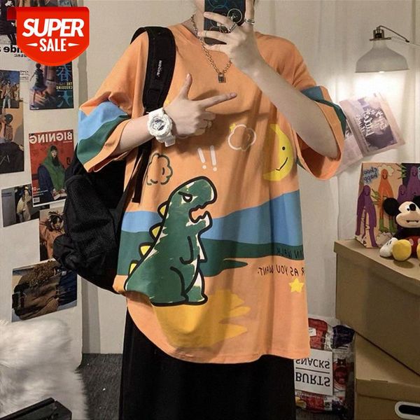 

short-sleeved t-shirt male couple summer hong kong style ins tide brand loose large size small dinosaur half-sleeved shirt men's botto, White;black