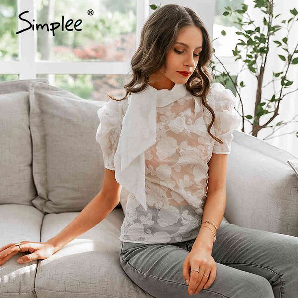 Бабочка шеи женские блузки рубашки пузырь с коротким рукавом летом женские белые топы высокий уличный стиль узкие женщины блузка 210414