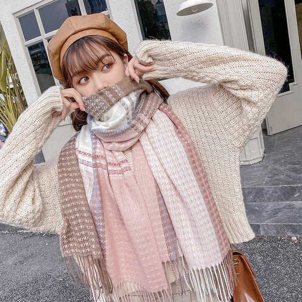 

korean imitation cashmere color matching women's lengthened thickened shawl bib fashion tassel warm scarf, Blue;gray