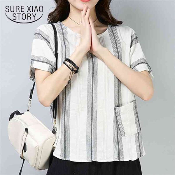 Moda de algodão de linho verão mulheres blusa camisa solta plus tamanho tops listrado vestuário confortável D829 30 210506