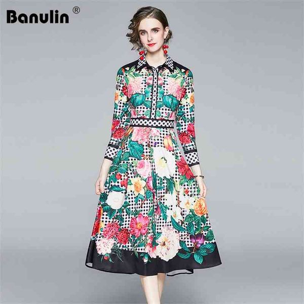 

runway autumn turn down collar dress women luxury black pink plaid floral printed long sleeve elegant vintage midi 210603, Black;gray