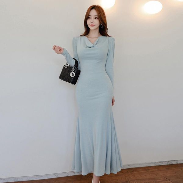 

casual dresses arrival fashion spring solid fresh dress women elegant work style sweet cute vintage long trumpet, Black;gray